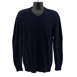 Crocodile Sweater Mens L Navy Blue V-Neck 100% Lambswool Ribbed Knit